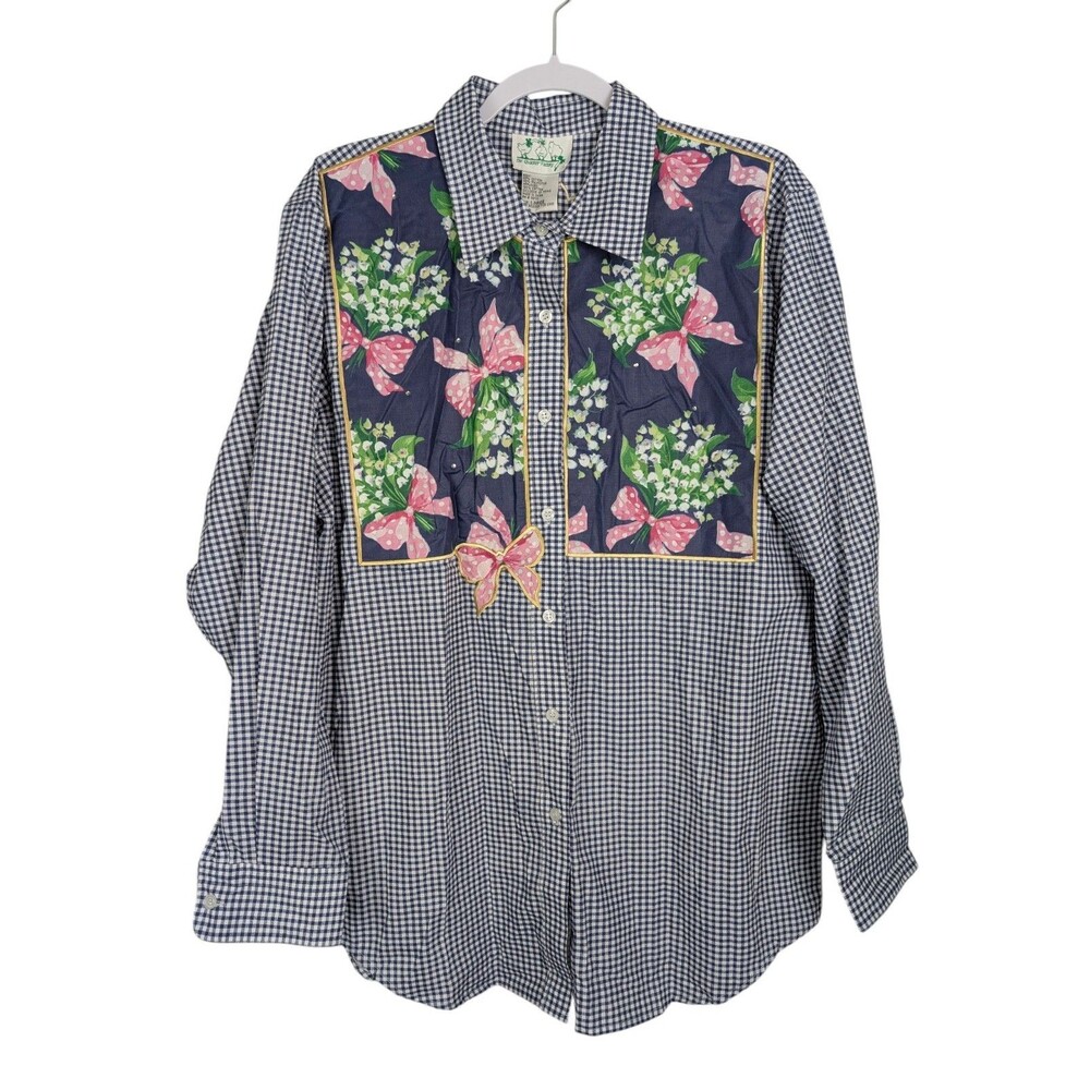 Quacker Factory Gingham Floral Button Shirt Blouse - L